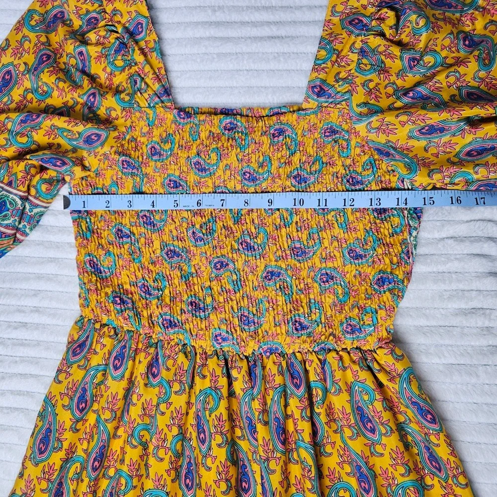 ME2MAGIC Yellow Paisley Smocked Maxi Dress‎ Square Neck Balloon Sleeve Boho M - Picture 2 of 12